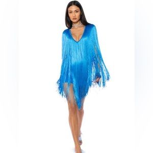 AKIRA Deep V Blue Mini Fringe Dress